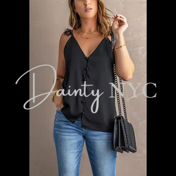 Dainty Lace Strap Front Button Tank Top - Picture 7 of 12